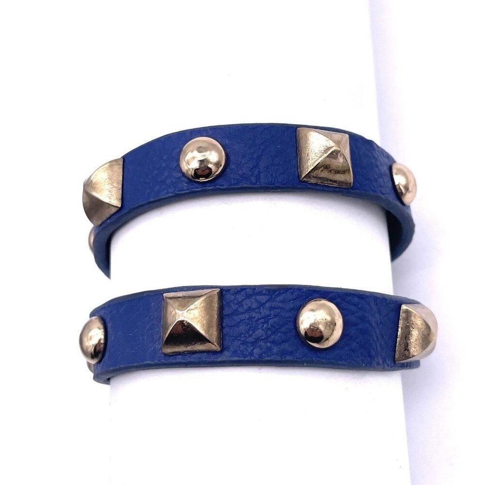 Yik Fung Studded Wrap Blue Leather Bracelet Snap Closure Adjustable 15 Inch